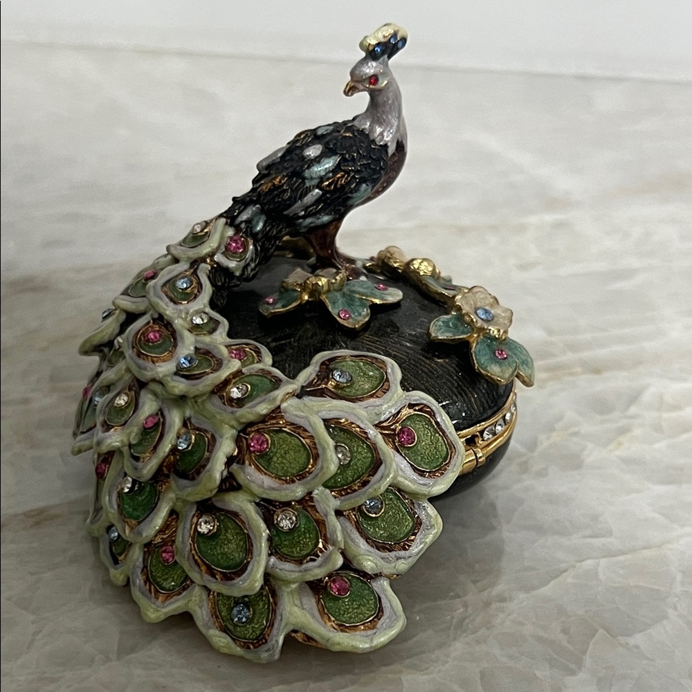 ENAMEL PEACOCK TRINKET BOX 3.5” TALL